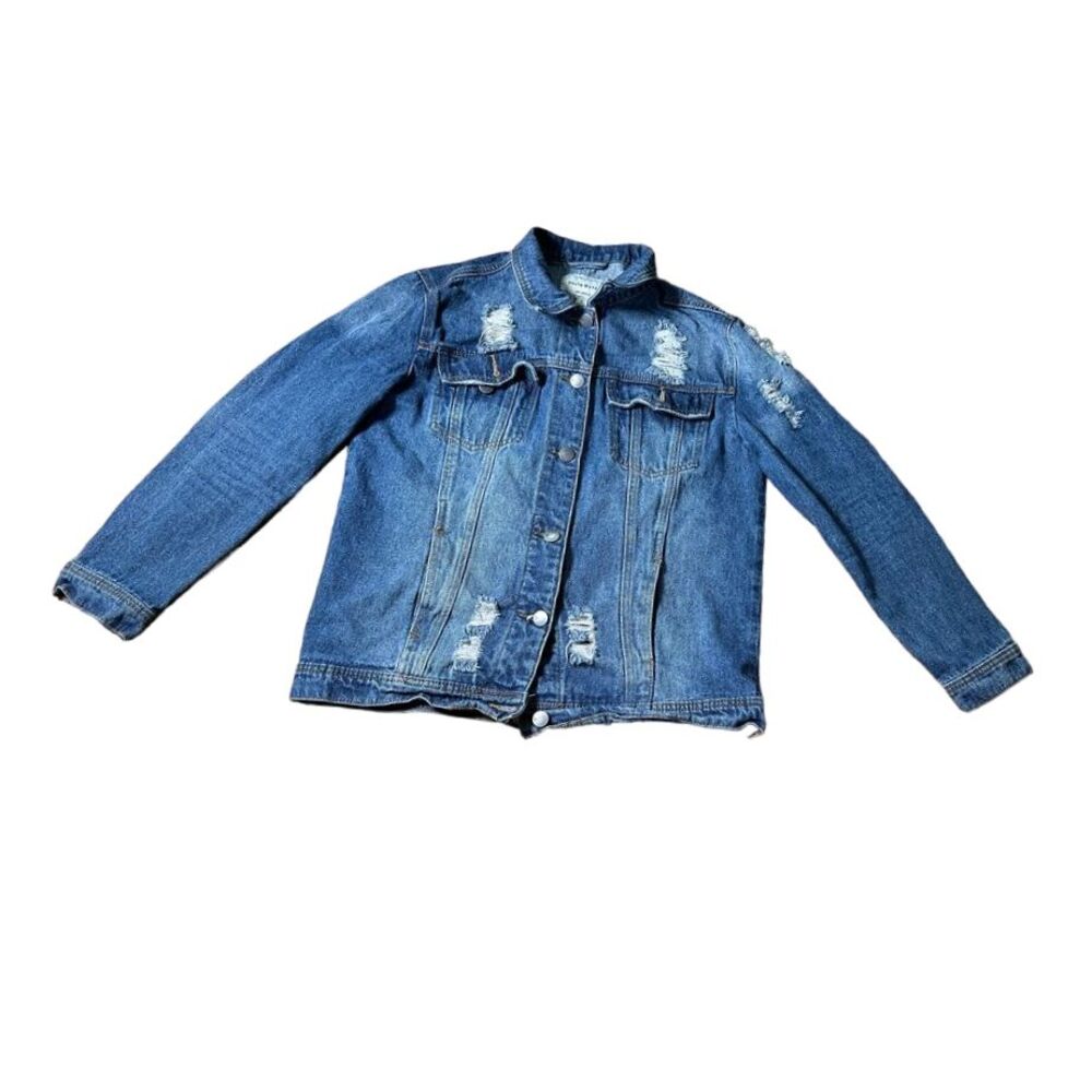 Men's Distressed Denim Jacket Blue Ripped‎ Casual Streetwear Outerwear